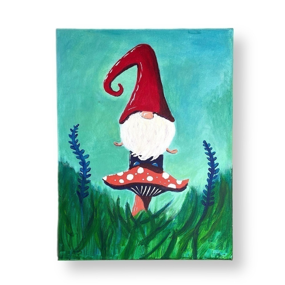 Adorable meditating gnome on a mushroom acrylic painting handmade art
